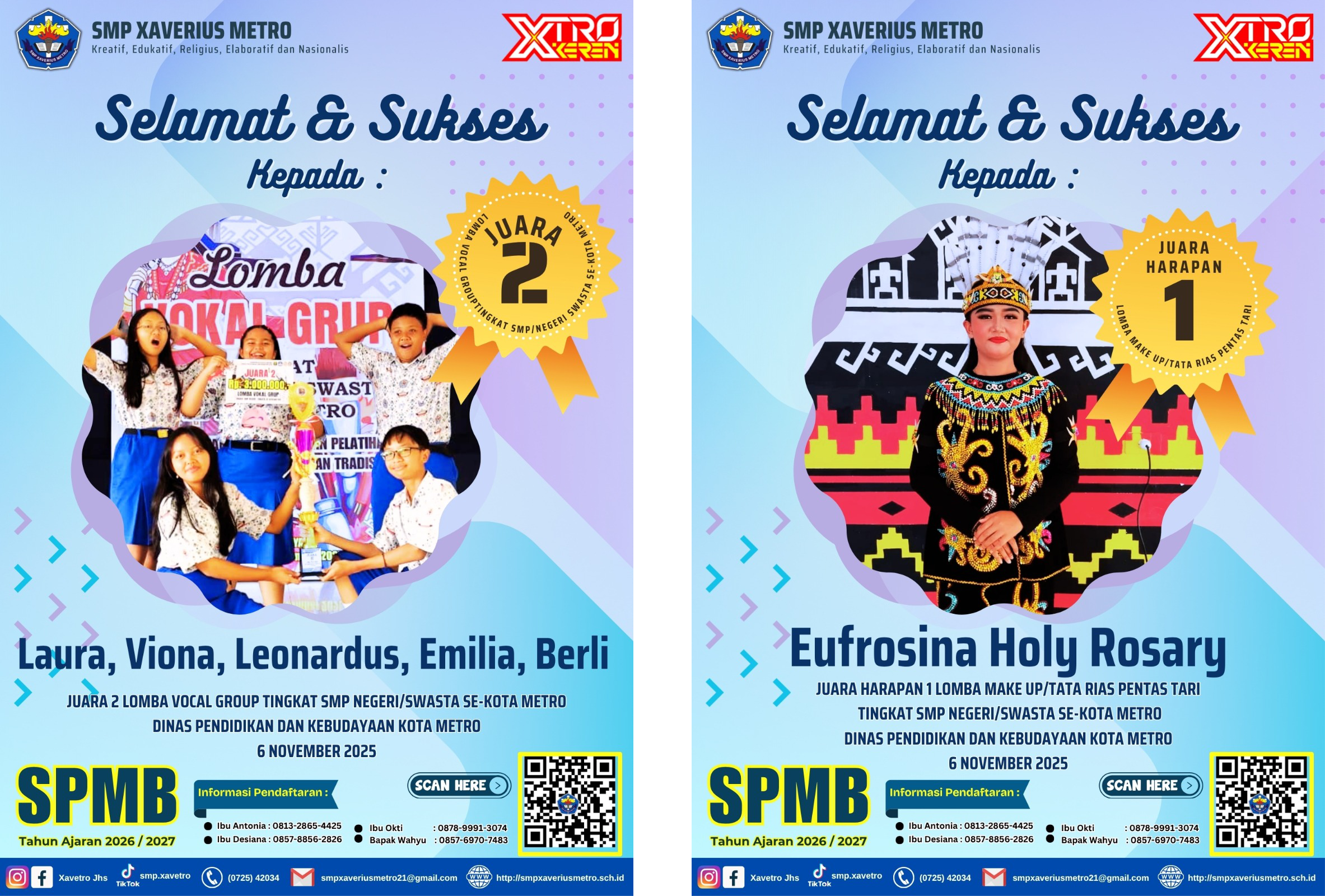 SMP Xaverius Metro Raih Juara 2 Lomba Vocal Group & Juara Harapan 1 Lomba Make Up/Tata Rias Pentas Tari Kota Metro 2025