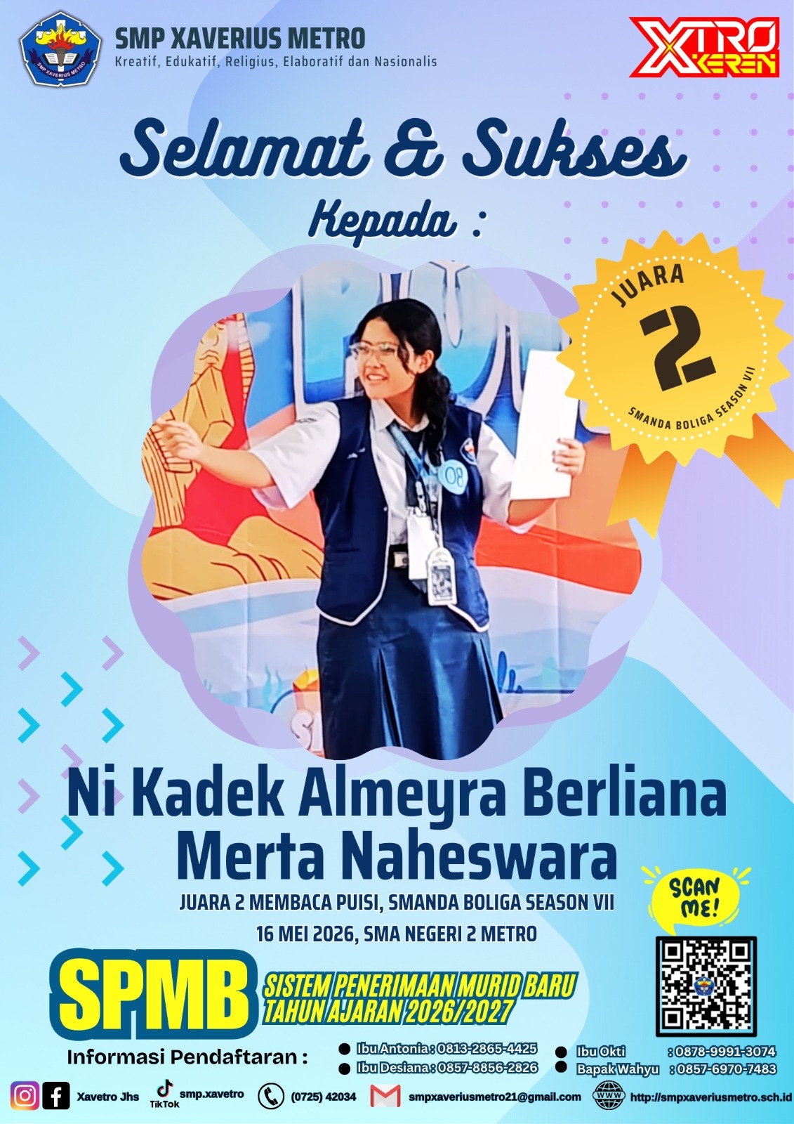 Prestasi Membanggakan! Siswi SMP Xaverius Metro Raih Juara 2 Lomba Membaca Puisi SMANDA BOLIGA Season VII 2026